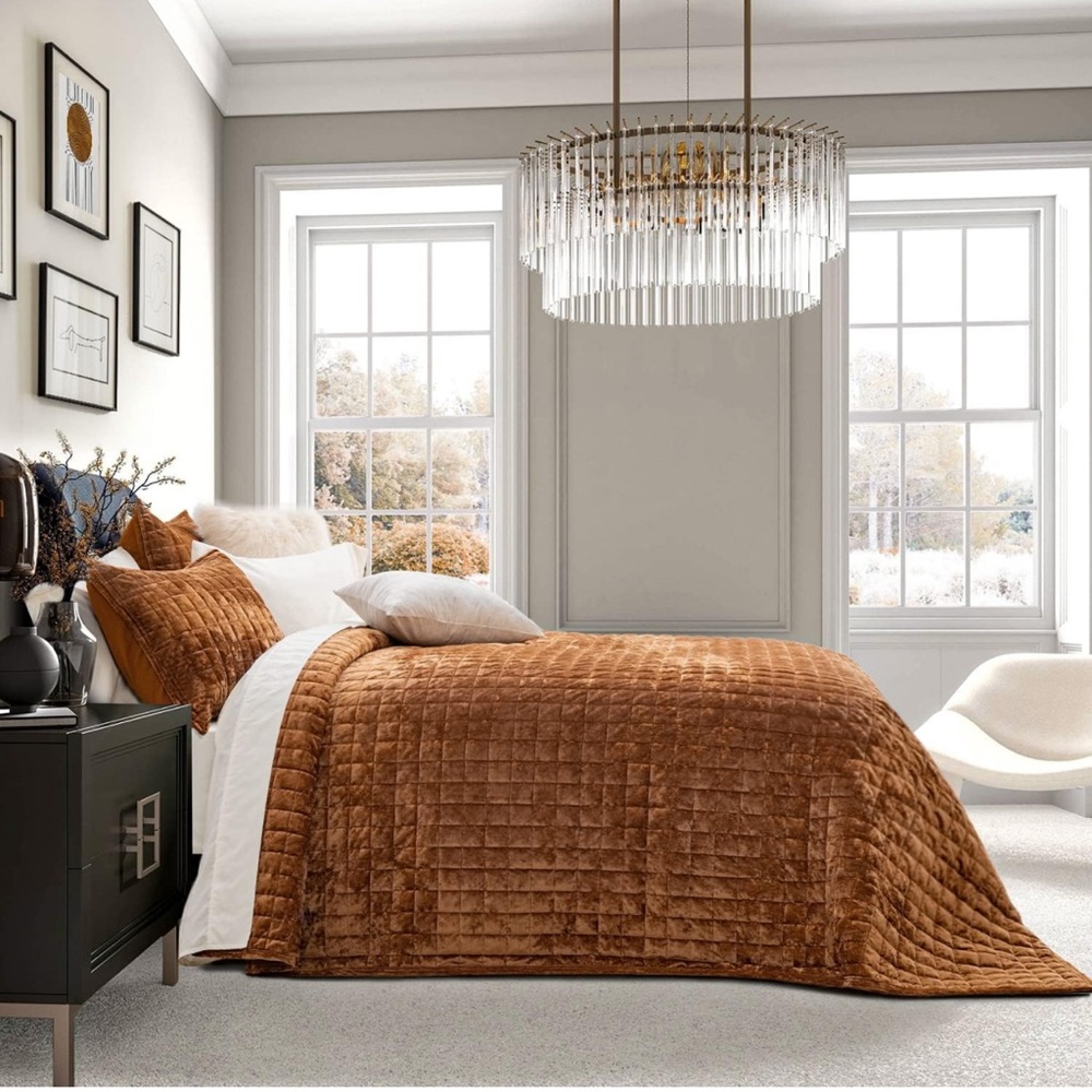 🆕 Rust Amber Velvet Queen Quilt Set Coverlet Luxury Bedding Comforter Shams NEW